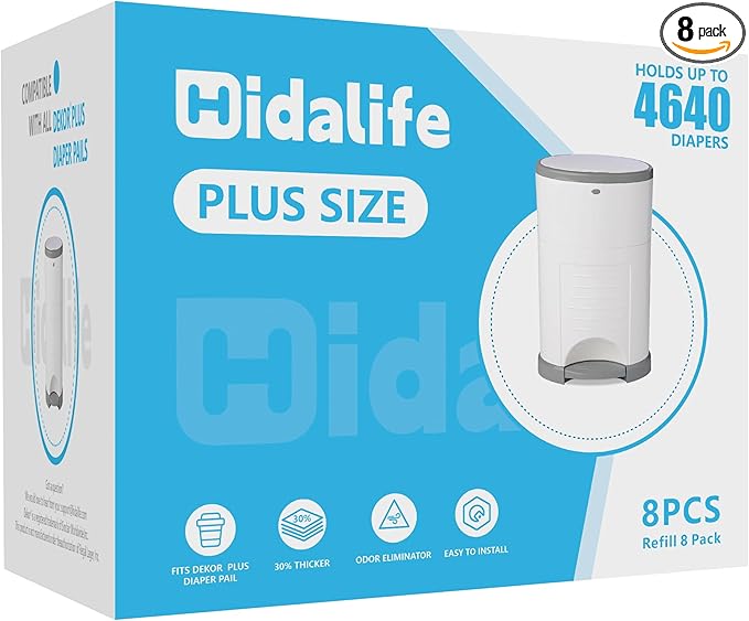 HIDALIFE Refills Compatible with Dekor Plus Diaper Pails, Disposable Diaper Trash Bags, Extra Thick Diaper Pail Refill Liners, Hold Up to 4640 Diapers (8 Pack)
