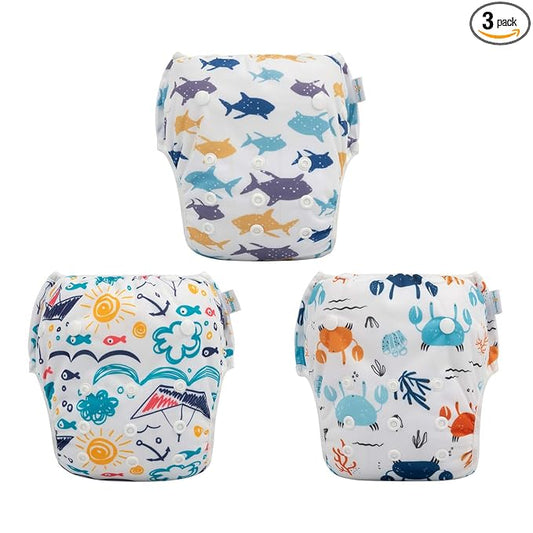 Babygoal Baby Swim Diapers 3 Pack for 0-8 Months Infant Girls and Boys, Reusable Adjustable Washable for Swimming Lessons-Crab,Shark