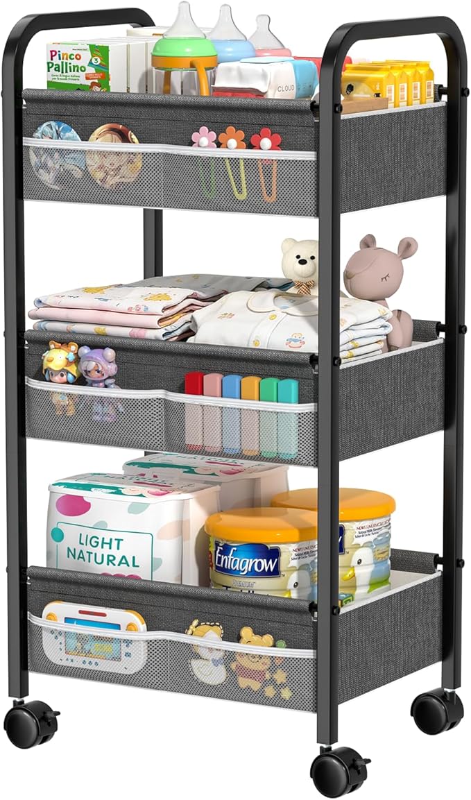 Baby Diaper Caddy Rolling Utility Cart, 3 Tier Baby Essentials Nursery Organizer and Storage with Dividers and Drawers for Crib, Bedroom, Art & Craft Organizer (Black)