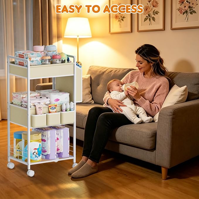 Diaper Cart Rolling Storage, 3-Tier Nursery Organizer with Removable Diaper Caddy, Mobile Metal Caddy for Baby Wipes & Toys, Small Utility Cart for Tight Spaces