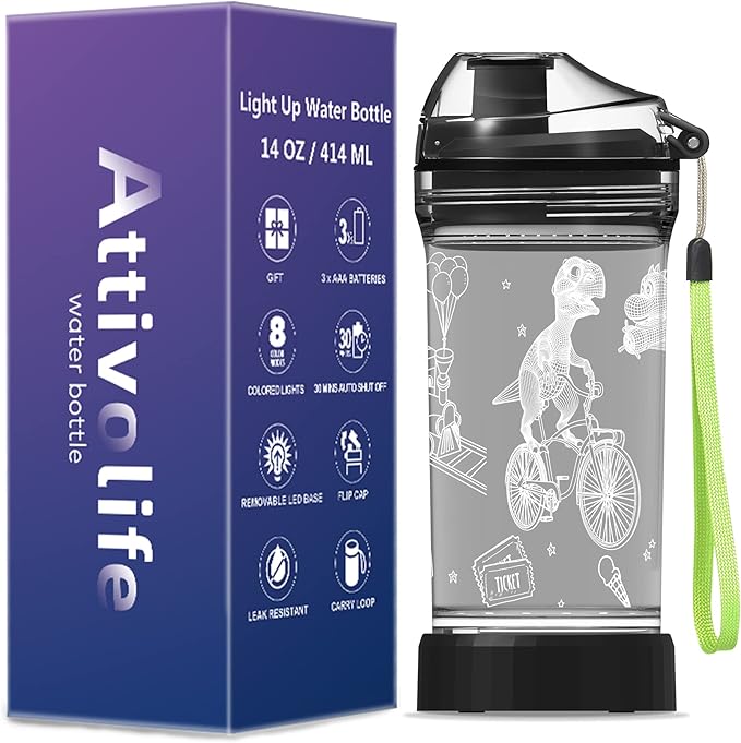 Attivolife Kids Watter Bottle, 3D Illusion LED Light with 7 Color Changing - 14 0z BPA Free - Creative Ideal Travel Cup Dinosaur Gift for School Kid Boy Child Holiday Camping Picnic (DinosaurPark)