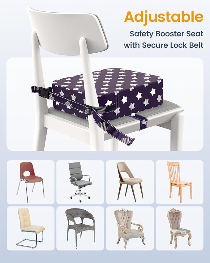 Toddler Booster Seat for Dining Table and Kitchen Chair – Adjustable Safety Straps, Non-Slip, Easy to Clean, Portable Travel Foam Booster Cushion Seat for Kids & Toddlers (Purple-Star)