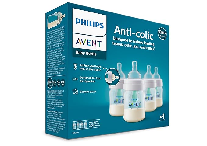Philips Avent Anti-Colic Bottle with AirFree Vent, 4oz, with Flow 1 Nipples, 0m+, 4pk, Clear, SCY701/04 (Pack of 6)