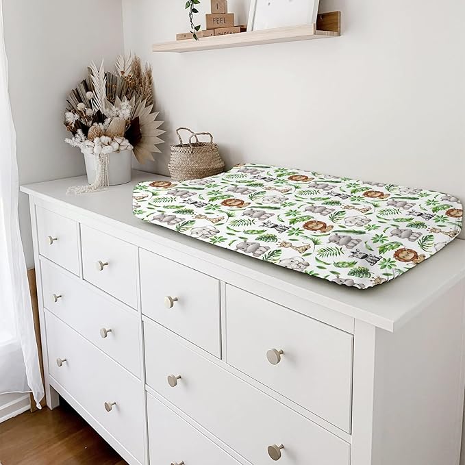 Baby Safari Animals Tropical Leaves Changing Pad Covers Lion Elephant Giraffe Zebra Hippo Diaper Change Table Pad Covers for Girl Boy Soft Breathable Stretch Changing Mat Sheets 32''x16''