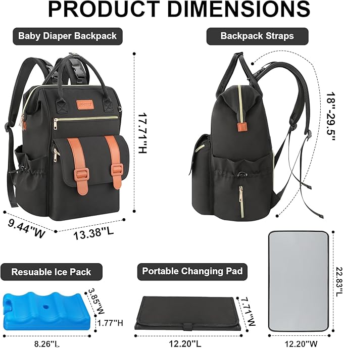 PIIOSER Diaper Bag Backpack with Ice Pack, Large Capacity & Waterproof Baby Travel Backpack Bag for Moms Dads, Insulated Baby Cooler Bag with Changing Pad, Stroller Straps & Pacifier Case, Black