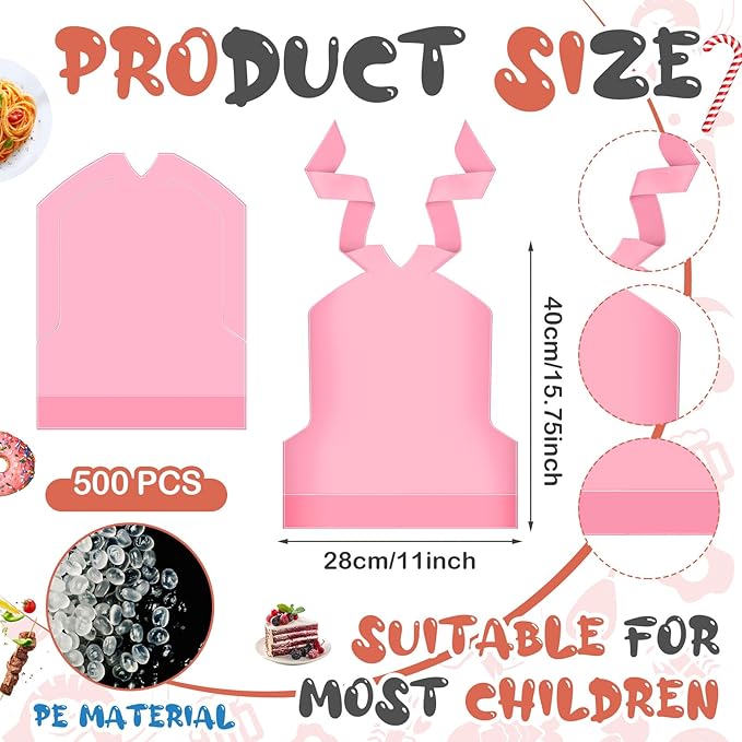 Skicuff 500 Pcs Disposable Plastic Bibs Bulk for Kids 11" x 15.75" Children Eating Bibs with Crumb Catcher for Toddlers (Watery Red)