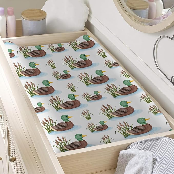 Cartoon Mallard Duck Lake Leaves Changing Pad Covers Duck Hunting Reeds Diaper Changing Pad Cover Sheets for Boy Girl Wild Duck Soft Stretch Fitted Baby Change Table Pad Mats Covers 32''x16''