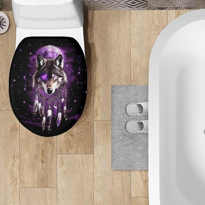 Wolf Dreamcatcher Toilet Seat Covers for Bathroom Decoration Soft Flannel Fabric Soft and Breathable Toilet Lid Cover Flannel Fabric Universal for Most Toilet Bowl Lids