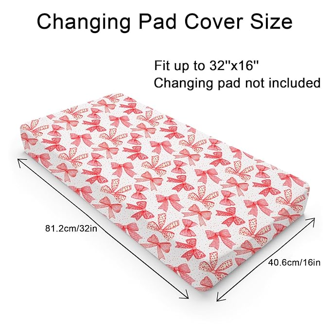 Red Valentine's Bows Baby Changing Pad Covers for Girls 32''x16'' Girly Red Hair Bows Fitted Diaper Change Table Pad Mats Valentine Hearts Love Soft Breathable Nursery Cradle & Bassinet Sheets Red