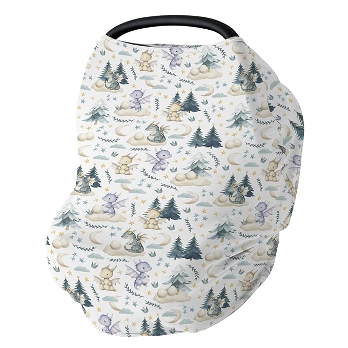 Fairytale Dragons Car Seat Cover for Babies Cute Dragon Moon Stars Clouds Trees Eggs Stretchy 5-in-1 Cover Adjustable Car Canopy Breastfeeding Cover Fantasy Animal Breathable Nursing Cover-Up
