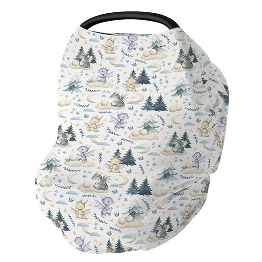 Fairytale Dragons Car Seat Cover for Babies Cute Dragon Moon Stars Clouds Trees Eggs Stretchy 5-in-1 Cover Adjustable Car Canopy Breastfeeding Cover Fantasy Animal Breathable Nursing Cover-Up