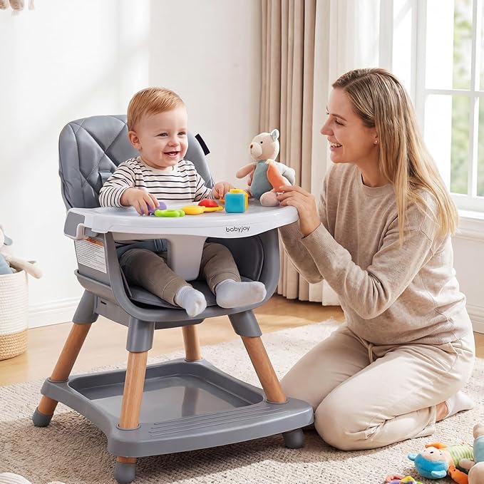 BABY JOY 8-in-1 High Chair, Convertible Wooden Highchairs for Babies and Toddlers | Dining Booster Seat | Toddler Stool, Double Removable Tray, 5-Point Safety Harness & Waterproof PU Cushion (Gray)