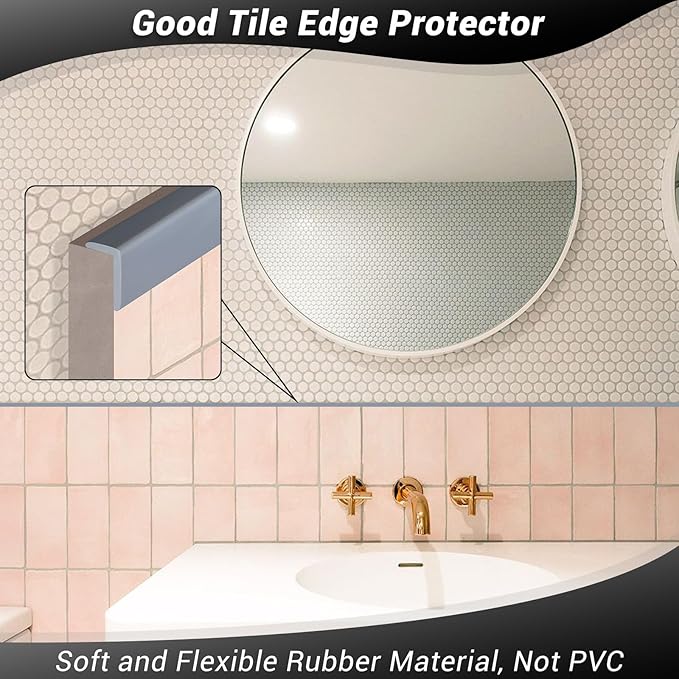 Tile Edge Trim, Flexible L-Shaped Rubber Corner Trim, Peel & Stick Edging Trim for Tile & Wall Edges, Grey, 20Ft, Rubber EPDM Material