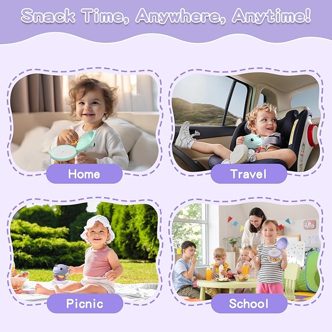 BeneLabel 2 Pack 12.3 Oz Snack Cups for Toddlers Spill Proof Food Grade Tritan Baby Snack Container with Cute Frog Lid and Handle PVC Free Kids Snack Catcher Fit for On-the-Go (Green & Purple)