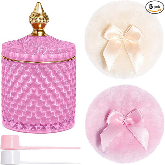 5 Pcs Body Powder Puff Set, 21oz Pink Glass Powder Container with Lid, Soft Powder Puffs & Spoons, Washable Refillable Dusting Jar for Body Powder, Talcum, Makeup