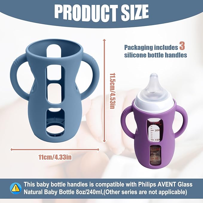 3 Pack Silicone Sleeves with Handle for Avent Baby Bottles,Drop Protection Baby Bottle Sleeves are Used for Philips Avent Glass Natural Baby Bottle 8 oz
