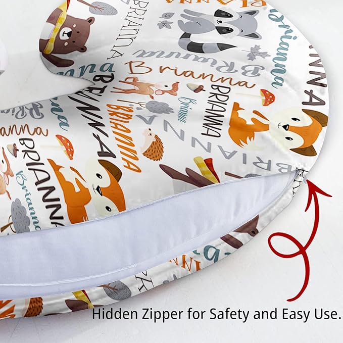 Baby Nursing Pillow Cover - Personalized Name Breastfeeding Pillow Cover with Animal Pattern, Stretchy Removable U-Shaped for New Moms, Soft Breathable Slipcover for Infant Boys Girls