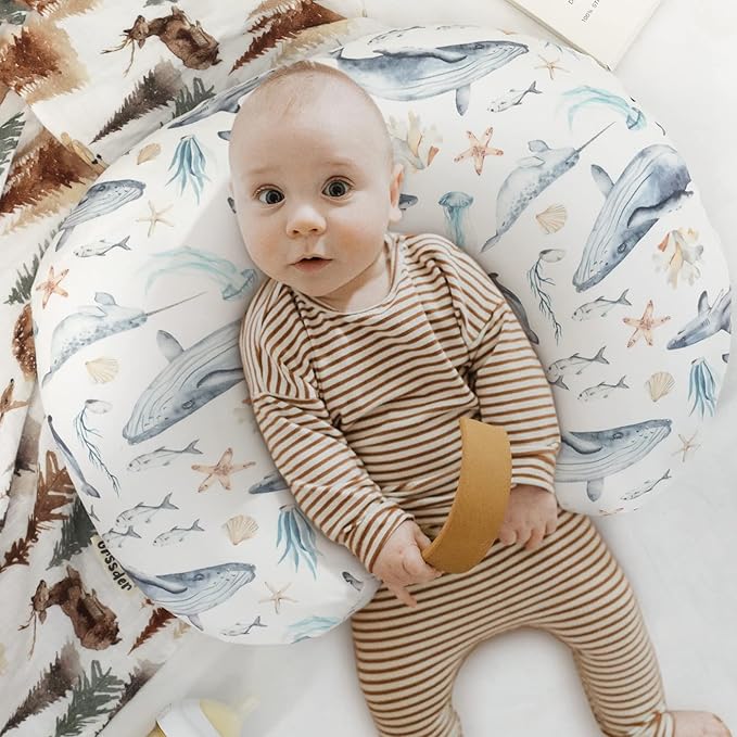 GRSSDER Nursing Pillow Cover Stretchy Minky Removable Nursing Covers for Breastfeeding Pillows, Ultra Soft Comfortable Slipcover for Girls and Boys, Whale Sea World Pattern