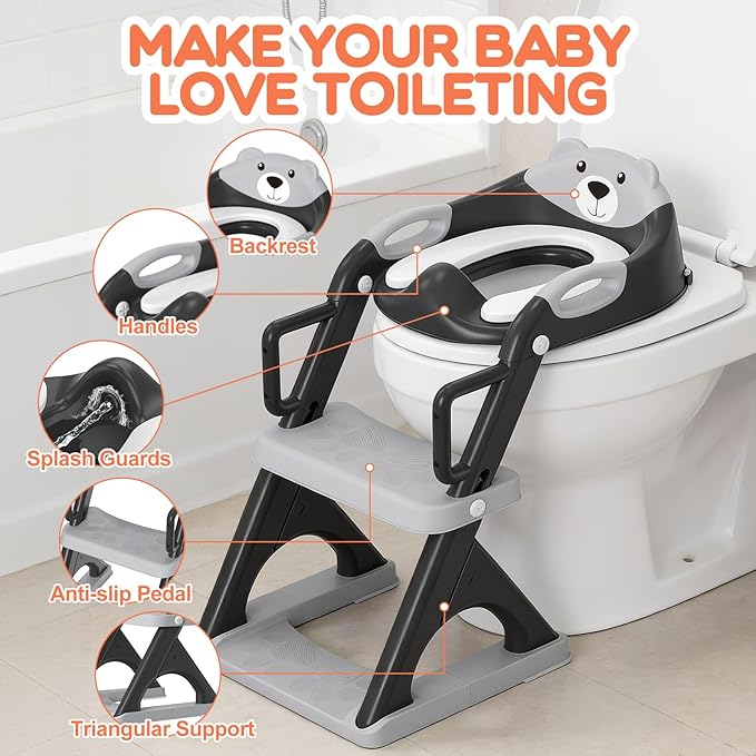 Potty Training Seat with Step Stool Ladder, Toddler Toilet Seat for Boys Girls, Adjustable 6 Heights Fits Round & Elongated Toilets, Anti-Slip Pads & Leak-Proof Guard