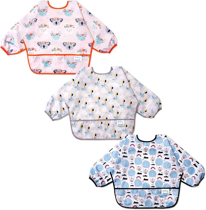 3 Pcs Long Sleeved Bib Set|Baby Waterproof Bibs with Pocket Bundle|Toddler Bib with Sleeves|Stain Resistance Smock 6-24 Month
