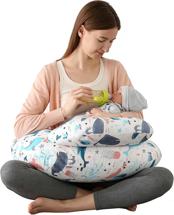 Nursing Pillow for Breastfeeding,Ergonomic Baby Feeding Pillows with Removable Washable Cotton Slipcover, Adjustable Waist Strap,Plus Size,More Support for Mom and Baby(Underwater World) 新品