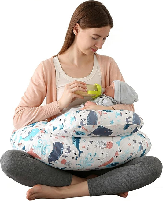Nursing Pillow for Breastfeeding,Ergonomic Baby Feeding Pillows with Removable Washable Cotton Slipcover, Adjustable Waist Strap,Plus Size,More Support for Mom and Baby(Underwater World) 新品