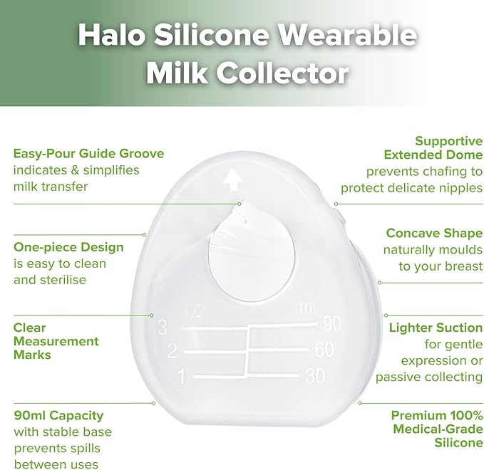haakaa Halo Silicone Breast Milk Collector - Wearable Manual Breast Pump for Breastfeeding, Hands Free Reusable Breast Milk Shells with Cleaning Brush - 3oz/90ml, 2 Count
