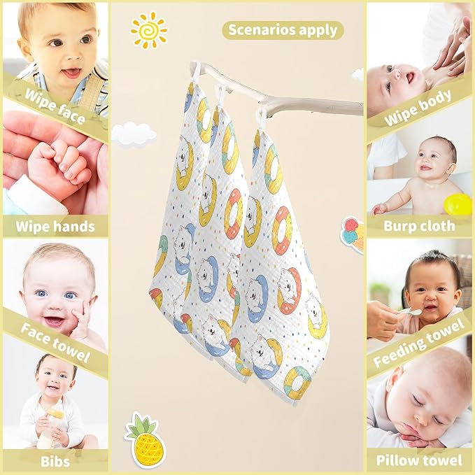 vvfelixl Baby Muslin Washcloths Kawaii Samoyed Swim Baby Burp Cloths Cotton Babys Face Towel for Newborn Infants Boys Girls Soft and Absorbent 11.8 X 11.8 in, 3 Pack