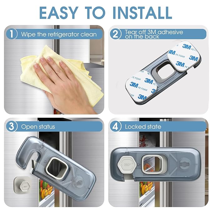 Fridge Locks with Self Adhesive, Refrigerator Latch for Kids, Toddlers and Children, Child & Baby Proofing Freezer Door Lock for, Cabinets and Drawers, Oven, Windows (Blue-2pack)