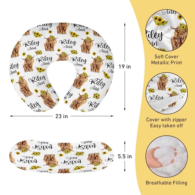 Baby Nursing Pillow Cover - Personalized Name Breastfeeding Pillow Cover with Highland Cattles Pattern, Stretchy Removable U-Shaped for New Moms, Soft Breathable Slipcover for Infant Boys Girls