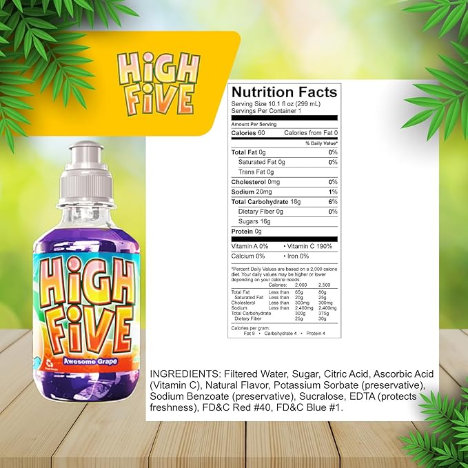High Five Juice Drink – Grape - 10.1 oz Bottles, Naturally Sweetened with Vitamin C, Low-Calorie Fruit Juice Beverages with Spill Proof Sports Cap 10.1 Ounce (Pack of 24)