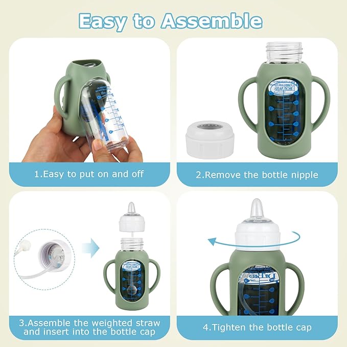 Sippy Straw Cup Conversion Kit with Silicone Sleeves for Dr. Brown's Narrow Glass Baby Bottle 4oz,Anti Breakage Baby Bottles Replacement Kit with Handle and Soft Sippy Spout,6m+,Set of 3