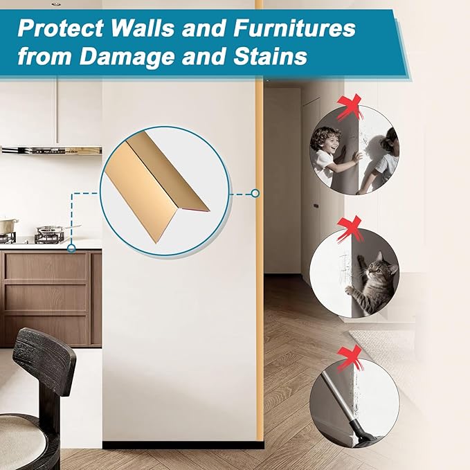 Raytano 4Pcs 45" L ×1" W Self Adhesive Metal Corner Protectors, Modern Aluminum Wall Corner Guards for Wall Door Furniture Cabinet Baseboard Frame Protection and Decoration (Size:45" x 1",Golden)