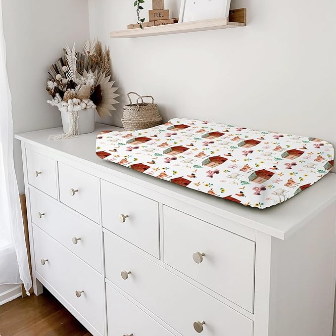 Watercolor Farm Animals Changing Pad Cover Barn Cow Lamb Chicken Pig Hen Duck Tractor Diaper Change Table Cover Sheets for Boys Girls Soft Stretchy Fitted Changing Mat Sheets 32''x16''