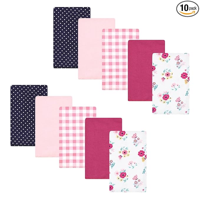 Hudson Baby Unisex Baby Cotton Flannel Burp Cloths, Butterfly Floral 10-Pack, One Size
