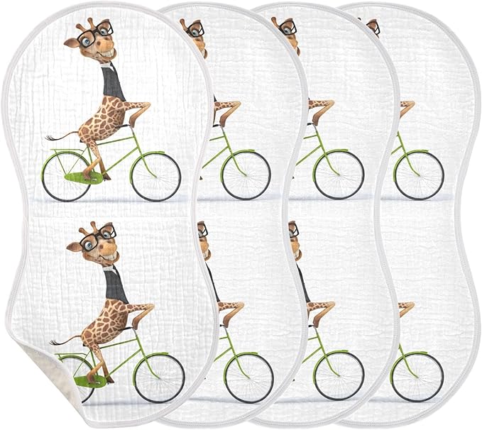 Fun Giraffe in Suit On Bicycle Muslin Burp Cloths for Baby 4 Pack Soft 100% Cotton Baby Washcloths Bibs for Boy Girl