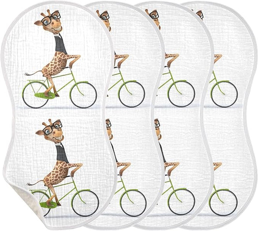 Fun Giraffe in Suit On Bicycle Muslin Burp Cloths for Baby 4 Pack Soft 100% Cotton Baby Washcloths Bibs for Boy Girl
