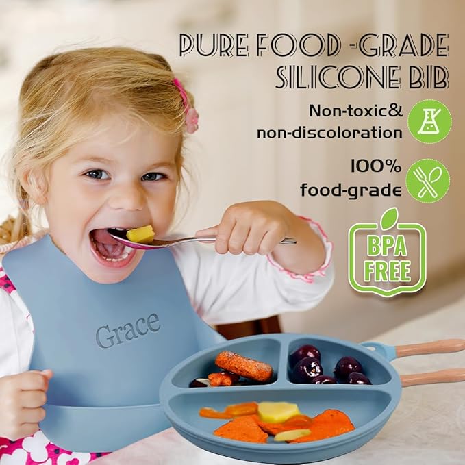 Personalized Silicone Suction Plates for Baby，Custom Toddlers Spoon and Fork, Baby Feeding Set with Name,Baby Birthday Gift for Boy & Girl (Light Pink)