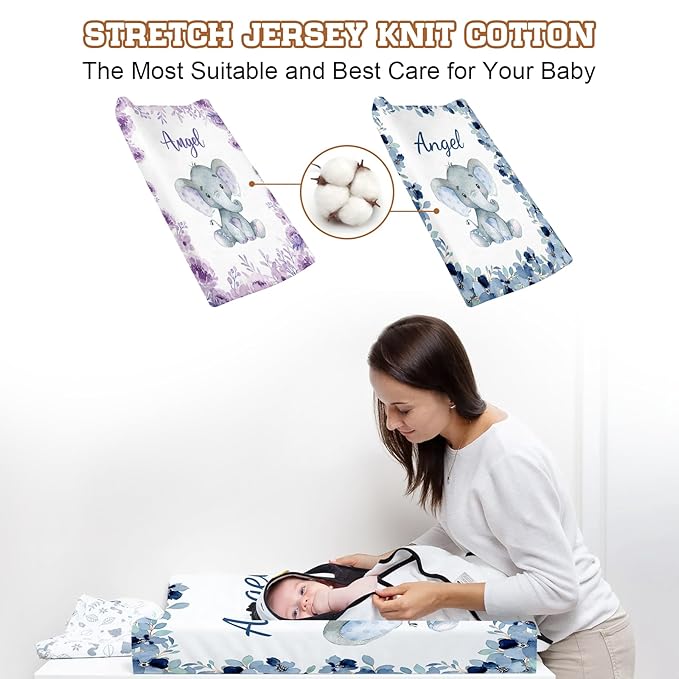 Personalized Baby Changing Pad Cover with Name - 2 Piece Lovely Blue Elephnat Baby Pee Pad Cover for Diaper Changing Table, Portable Custom Gifts for Infant Baby