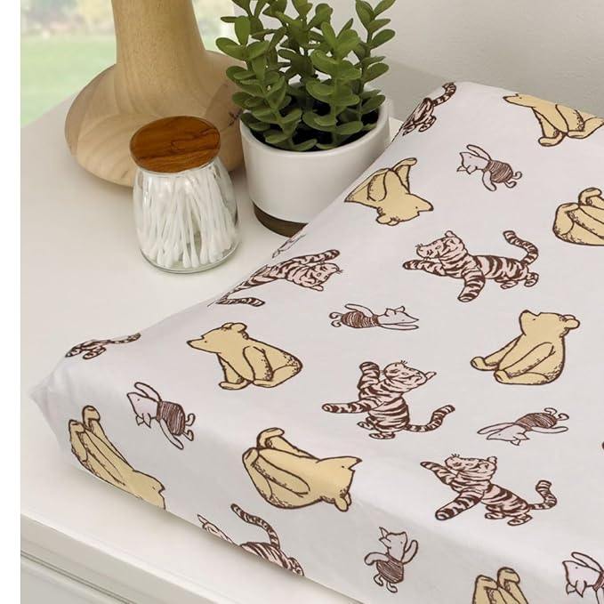 Disney Classic Pooh Hunny Fun with Piglet and Tigger White and Taupe Super Soft Changing Pad Cover