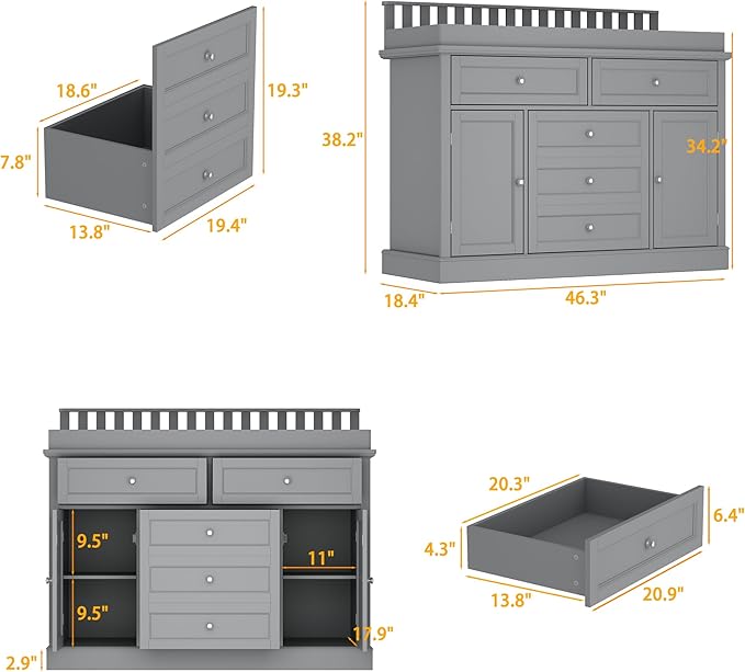 Nursery Dresser with Changing Table Top, 46" W Baby Dresser with 2 Drawers, Laundry Basket & Raised Guard, Infant Diaper Changing Storage Organize Station for Nursery and Baby Bedroom, Grey