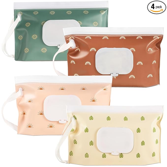 FEBSNOW 4 Pack Baby Wipes Dispenser Portable Wipes Container Refillable Wipes Holder for Diaper Bag Boho Baby Wet Wipe Pouches Reusable Tissue Case for Home Travel Outdoors