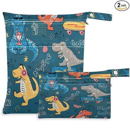 visesunny Music Lover Dinosaur 2Pcs Diaper Changing Totes Wet Bags with Zippered Pockets Washable Reusable Roomy Cloth Diaper for Travel,Beach,Daycare,Stroller,Dirty Gym Clothes,Wet Swimsuits,Toiletri