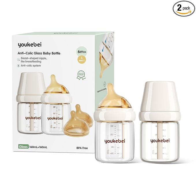 Natural Glass Baby Bottle for Breastfeeding Babies, Newborn Anti-Colic Bottle Set with Large Flow Nipple(L), 0-3 Months, 5 oz, 2 Pack