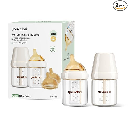 Natural Glass Baby Bottle for Breastfeeding Babies, Newborn Anti-Colic Bottle Set with Large Flow Nipple(L), 0-3 Months, 5 oz, 2 Pack