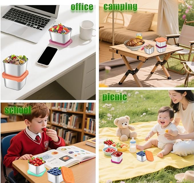 304 Premium Stainless Steel Snack Containers with Silicone Lids, Snackle Box Containers, Easy-Open Leak-Proof Kids for Taking Out for a Picnic, Lunch Box and Travel. (Red Orange Blue-3, 2 OZ)