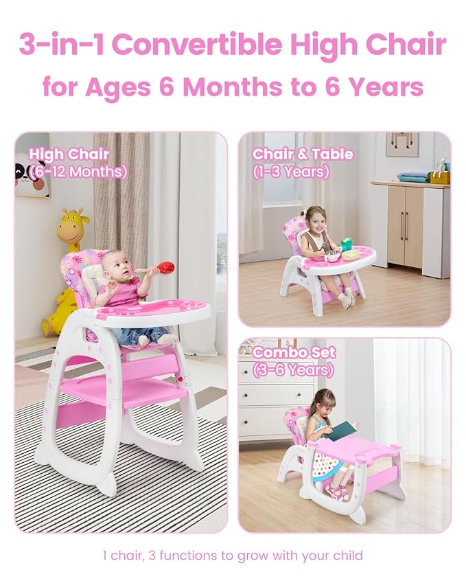 High Chair, Convertible Highchairs for Babies and Toddlers, Easy Clean Baby High Chair, 3 in 1 Feeding Chair for Eating, Adjustable Infant Chair for Toddlers 1-3, Baby Food Chair, Pink