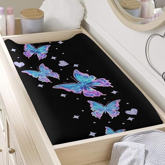 Butterflies Changing Pad Cover Waterproof Stretchy Sheet Crib Mat Lightweight Universal Tray Table Mat Dust Cover Soft Diaper Changing Mat Cover for Baby