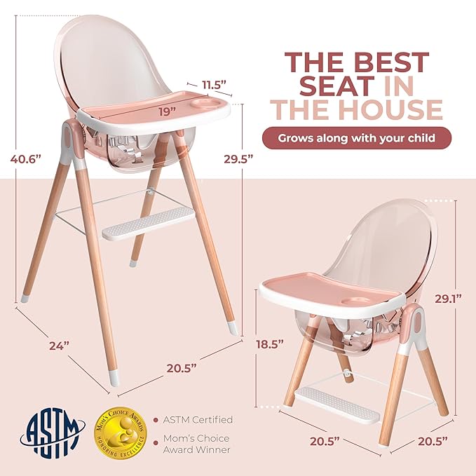 Classic Non-Reclinable 6 in 1 Baby High Chair for Babies and Toddlers, Modern Safe & Compact wooden Highchair, Easy to Clean, Removable Tray, Easy to Assemble