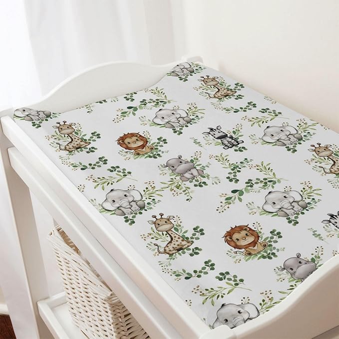 Baby Safari Animals Boho Green Leaves Changing Pad Covers Lion Elephant Giraffe Zebra Hippo Diaper Change Table Pad Covers for Girl Boy Soft Breathable Stretch Changing Mat Sheets 32''x16''